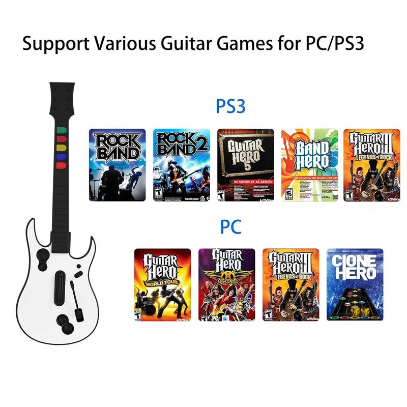 NBCP جيتار هيرو، جهاز تحكم جيتار لاسلكي لجهاز الكمبيوتر لجهاز بلاي ستيشن 3 PS3 مع دونجل لجهاز كلون هيرو، ألعاب جيتار هيرو روك باند باللون الأبيض - Image 2